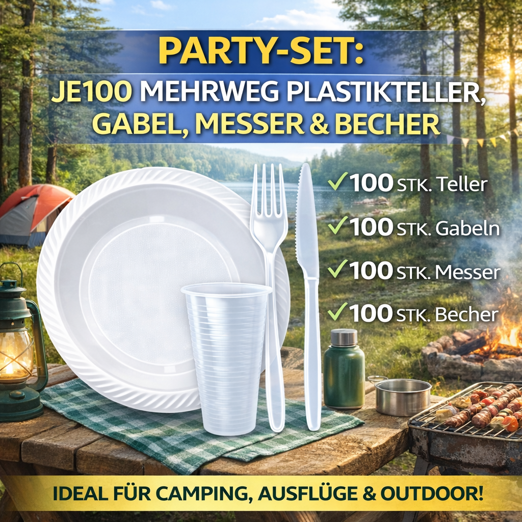 Party SET: Je 100 mehrweg Plastikteller,Gabel,Messer,Becher 🚚 Versand mit GLS: 5,90 € deutschlandweit