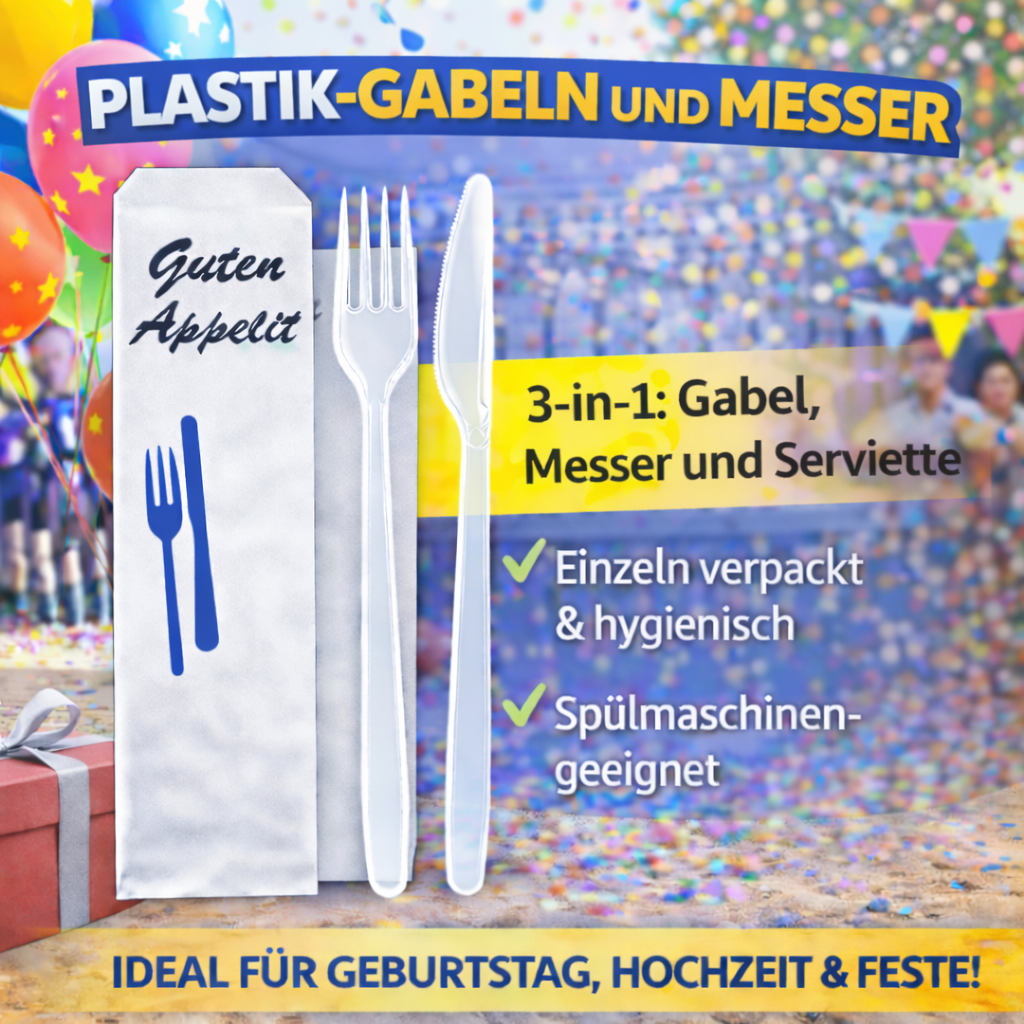 50er Mehrwegbesteck Set 3 in 1: Gabeln, Messer, Serviette einzeln verpackt 🚚 Versand mit GLS: 5,90 € deutschlandweit