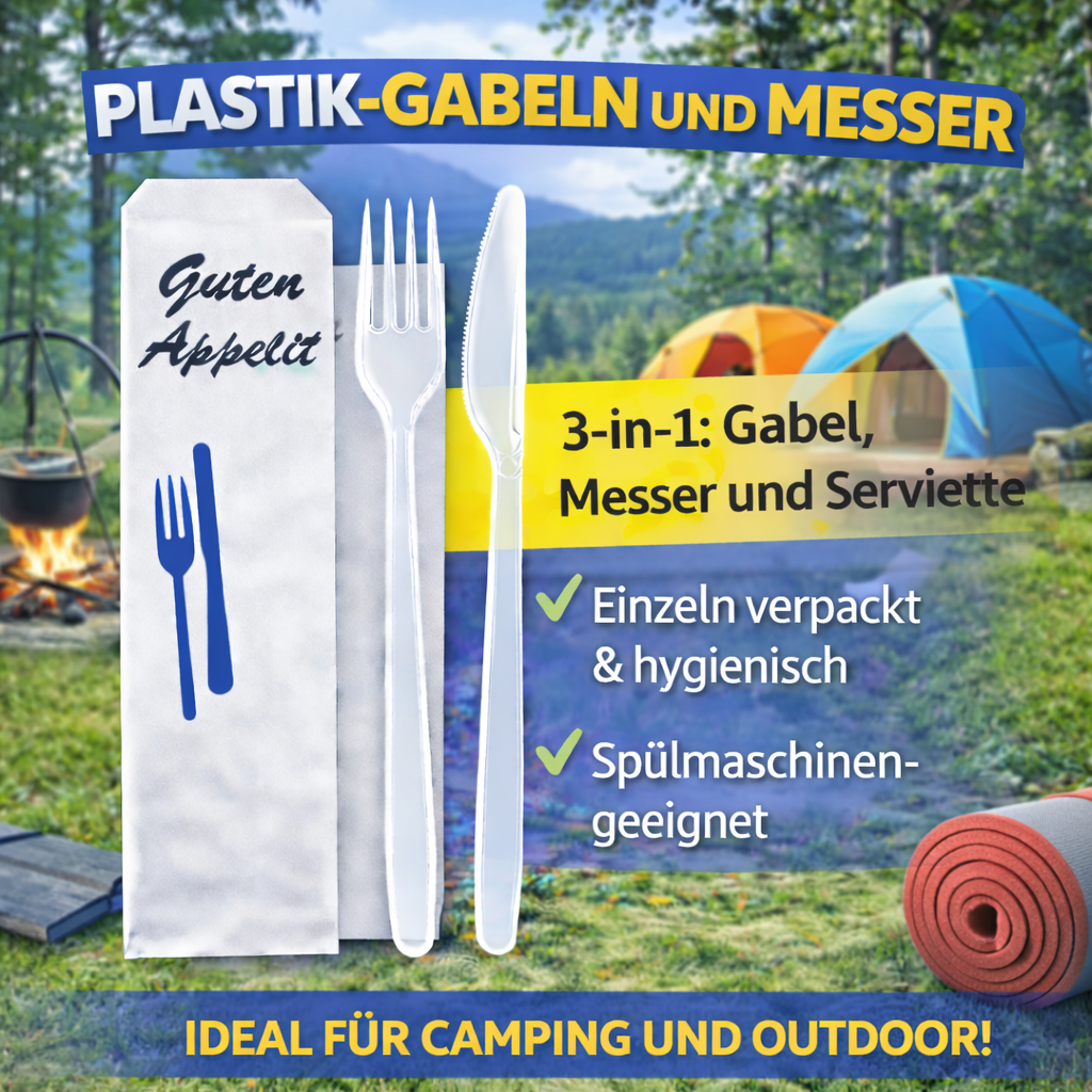50er Mehrwegbesteck Set 3 in 1: Gabeln, Messer, Serviette einzeln verpackt 🚚 Versand mit GLS: 5,90 € deutschlandweit