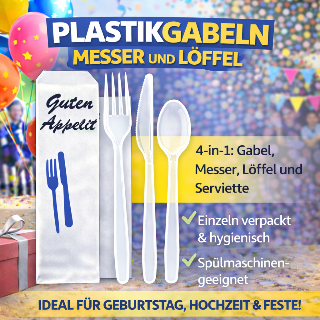 50er Mehrwegbesteck Set 4 in 1: Gabeln, Messer,Löffel Serviette einzeln verpackt 🚚 Versand mit GLS: 5,90 € deutschlandweit