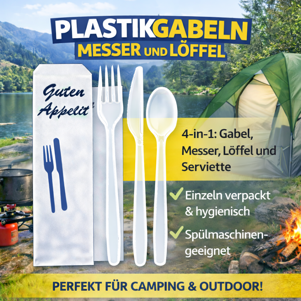 50er Mehrwegbesteck Set 4 in 1: Gabeln, Messer,Löffel Serviette einzeln verpackt 🚚 Versand mit GLS: 5,90 € deutschlandweit
