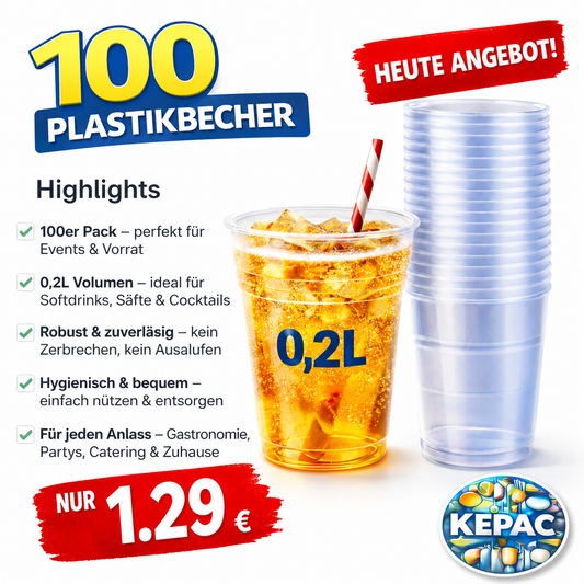 ****100 Trinkbecher Ausschankbecher Plastikbecher glasklar 0,2 Liter 🚚 Versand mit GLS: 5,90 € deutschlandweit