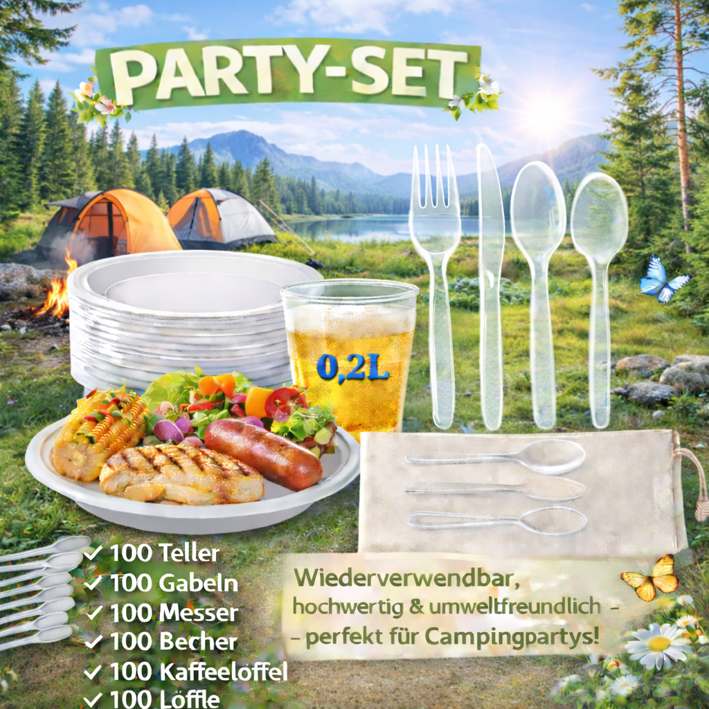 .Party SET: Je 100 mehrweg Plastikteller,Gabel,Messer,Löffel,Becher,Kaffelöffel 🚚 Versand mit GLS: 5,90 € deutschlandweit