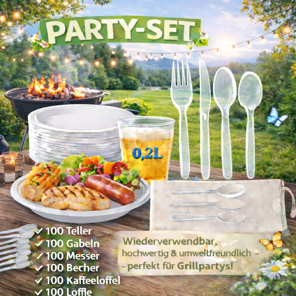 .Party SET: Je 100 mehrweg Plastikteller,Gabel,Messer,Löffel,Becher,Kaffelöffel 🚚 Versand mit GLS: 5,90 € deutschlandweit