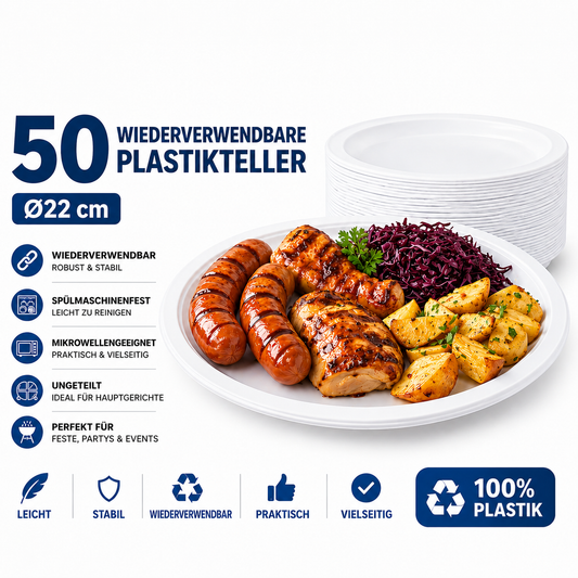 **50 Plastikteller 22cm - Weiß Rund - ungeteilt - Menüteller Plastik Teller 🚚 Versand mit GLS: 5,90 € deutschlandweit