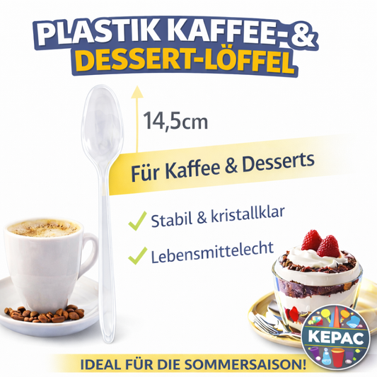 50 Stück Dessert, Eis, Kaffeelöffel Plastik Glasklar Mehrweg 14,5 cm 🚚 Versand mit GLS: 5,90 € deutschlandweit