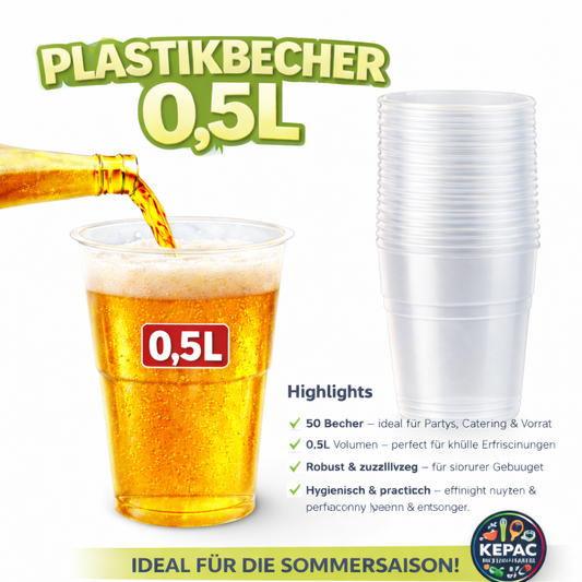 *50 stk. 0.5L Trinkbecher Bierbecher Plastik mehrwegbecher 🚚 Versand mit GLS: 5,90 € deutschlandweit