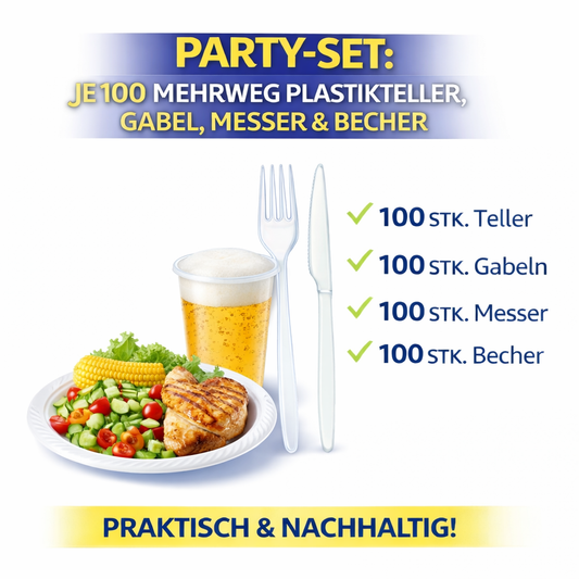 Party SET: Je 100 mehrweg Plastikteller,Gabel,Messer,Becher 🚚 Versand mit GLS: 5,90 € deutschlandweit