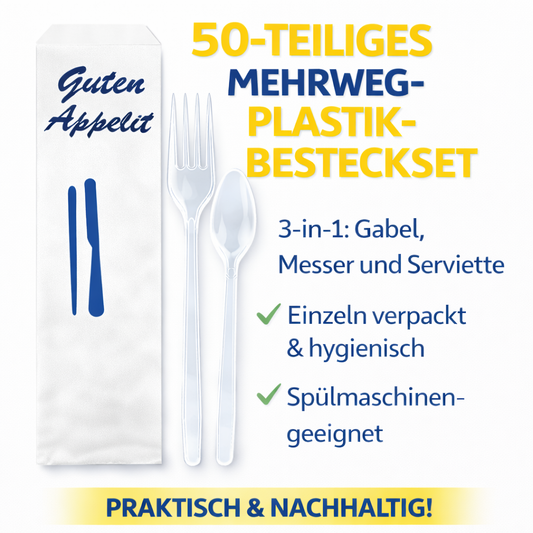 50er Mehrwegbesteck Set 3 in 1: Gabeln, Messer, Serviette einzeln verpackt 🚚 Versand mit GLS: 5,90 € deutschlandweit