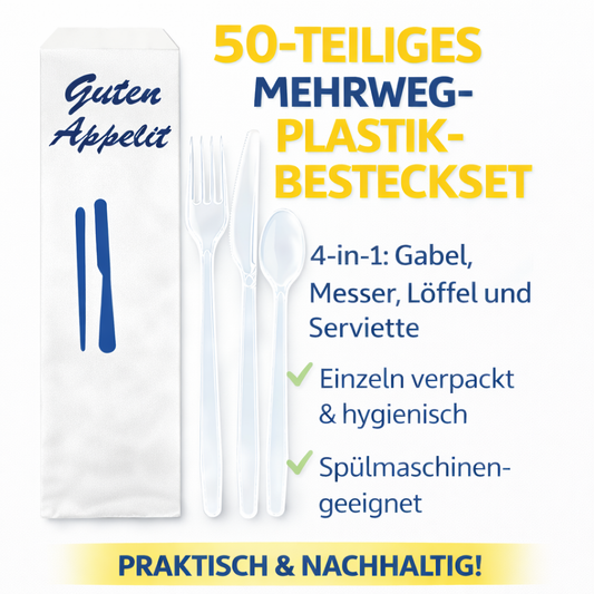 50er Mehrwegbesteck Set 4 in 1: Gabeln, Messer,Löffel Serviette einzeln verpackt 🚚 Versand mit GLS: 5,90 € deutschlandweit