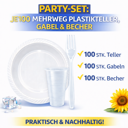 Party SET: Je 100 mehrweg Plastikteller,Gabel,Becher 🚚 Versand mit GLS: 5,90 € deutschlandweit