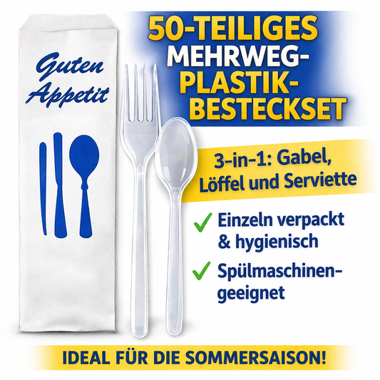 50 Stück Mehrweg PlastikBesteckset 3 in 1 Gabel, Löffel Serviette einzeln verpackt 🚚 Versand mit GLS: 5,90 € deutschlandweit