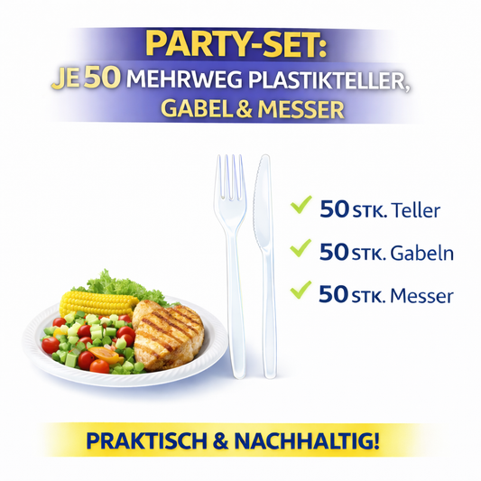 Party SET: Je 50 mehrweg Plastikteller,Gabel,Messer 🚚 Versand mit GLS: 5,90 € deutschlandweit