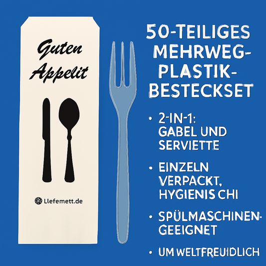 50 Stück Mehrweg PlastikBesteckset 2 in 1 Gabel, Serviette einzeln verpackt