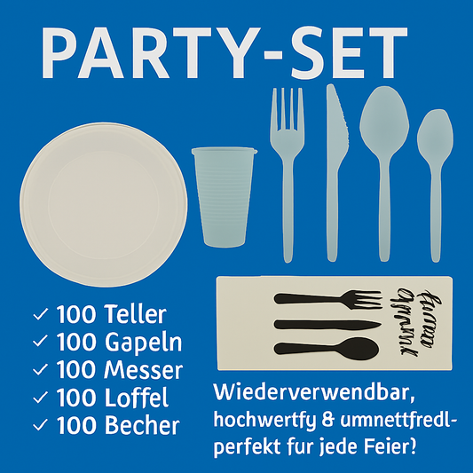 .Party SET: Je 100 mehrweg Plastikteller,Gabel,Messer,Löffel,Becher,Kaffelöffel