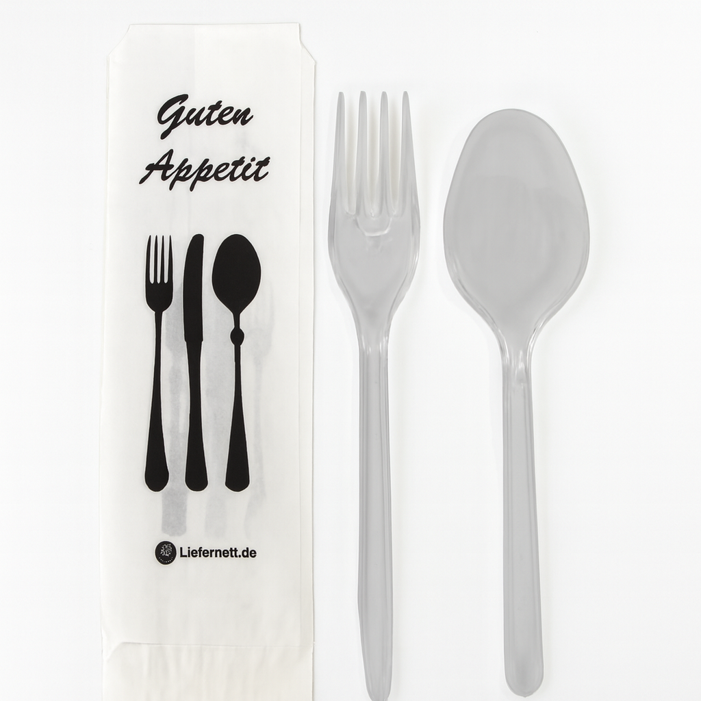 50 Stück Mehrweg PlastikBesteckset 3 in 1 Gabel, Löffel Serviette einzeln verpackt