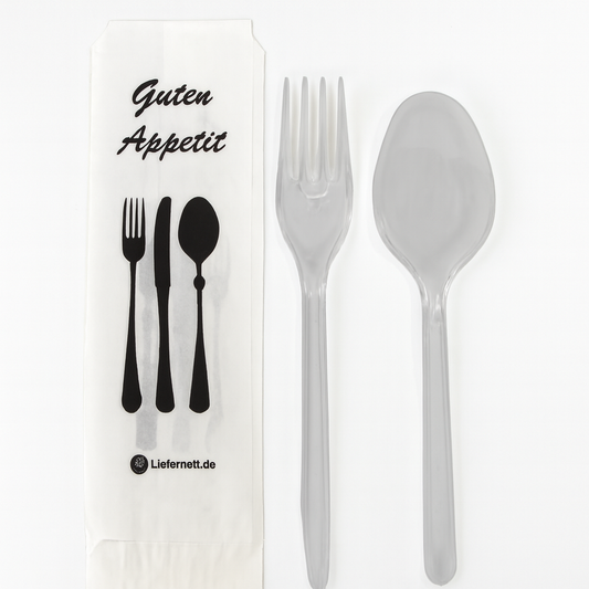 50 Stück Mehrweg PlastikBesteckset 3 in 1 Gabel, Löffel Serviette einzeln verpackt