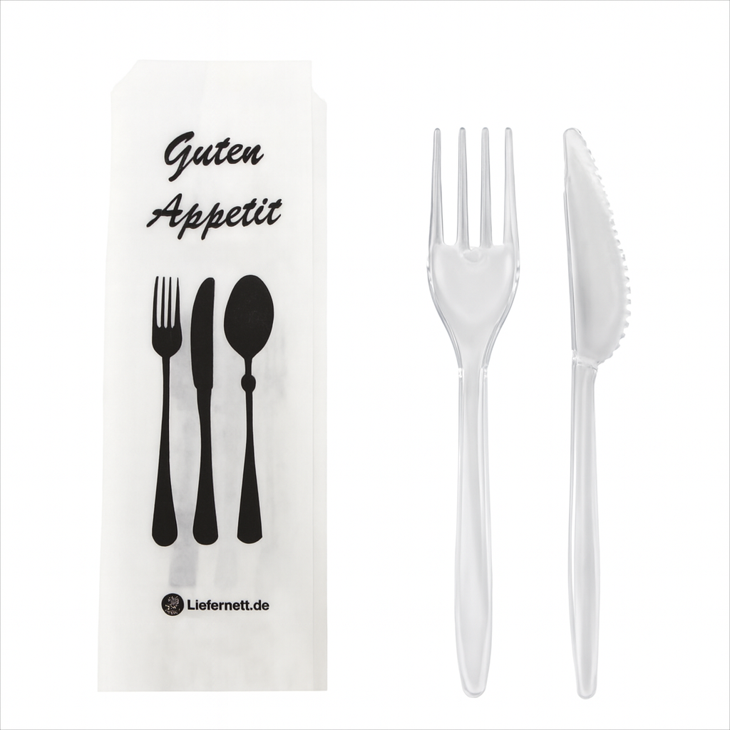 50er Mehrwegbesteck Set 3 in 1: Gabeln, Messer, Serviette einzeln verpackt