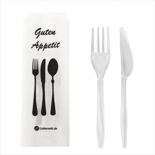 50er Mehrwegbesteck Set 3 in 1: Gabeln, Messer, Serviette einzeln verpackt