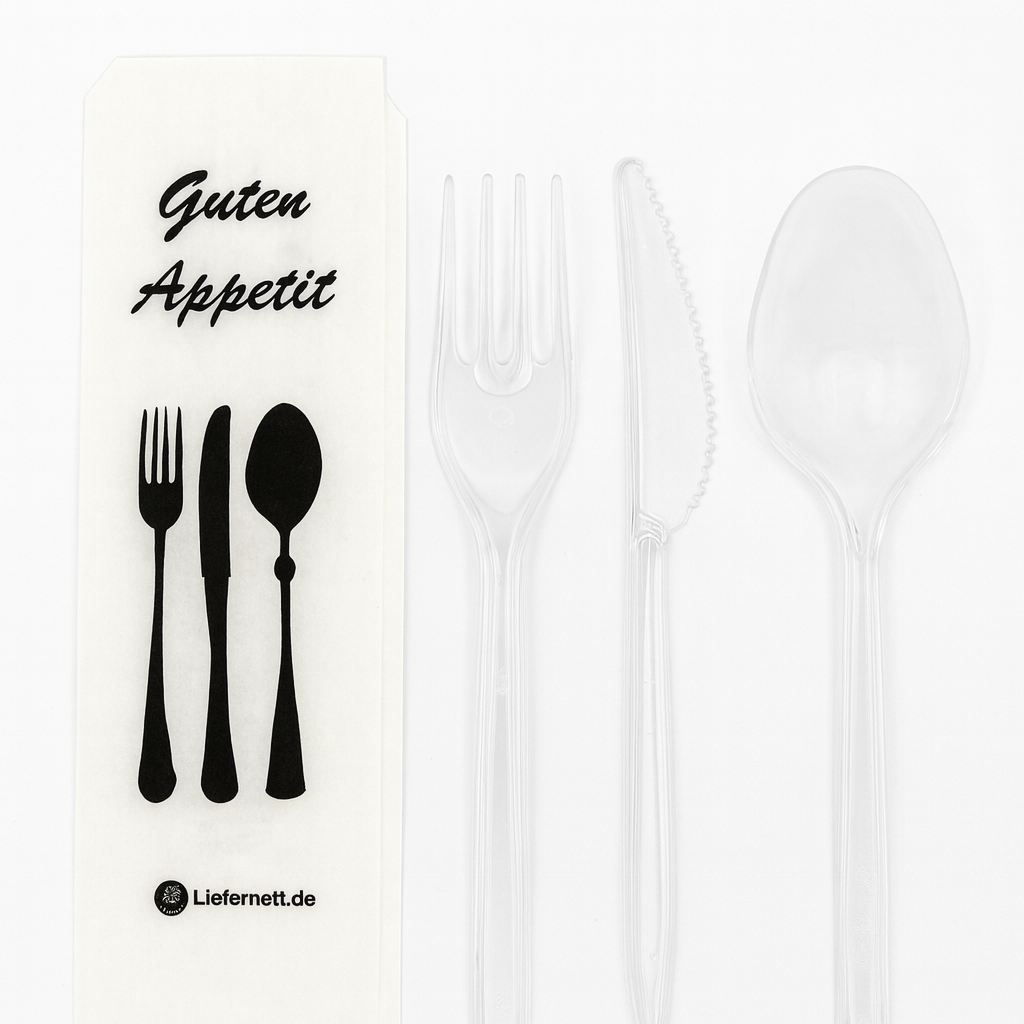 50er Mehrwegbesteck Set 4 in 1: Gabeln, Messer,Löffel Serviette einzeln verpackt