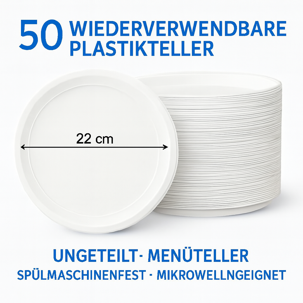 **50 Plastikteller 22cm - Weiß Rund - ungeteilt - Menüteller Plastik Teller