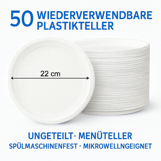 **50 Plastikteller 22cm - Weiß Rund - ungeteilt - Menüteller Plastik Teller