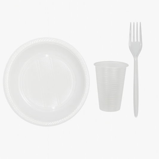 Party SET: Je 100 mehrweg Plastikteller,Gabel,Becher