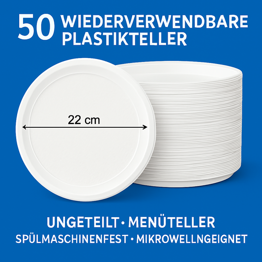 .50 Plastikteller 22cm - Weiß Rund - ungeteilt - Menüteller Plastik Teller